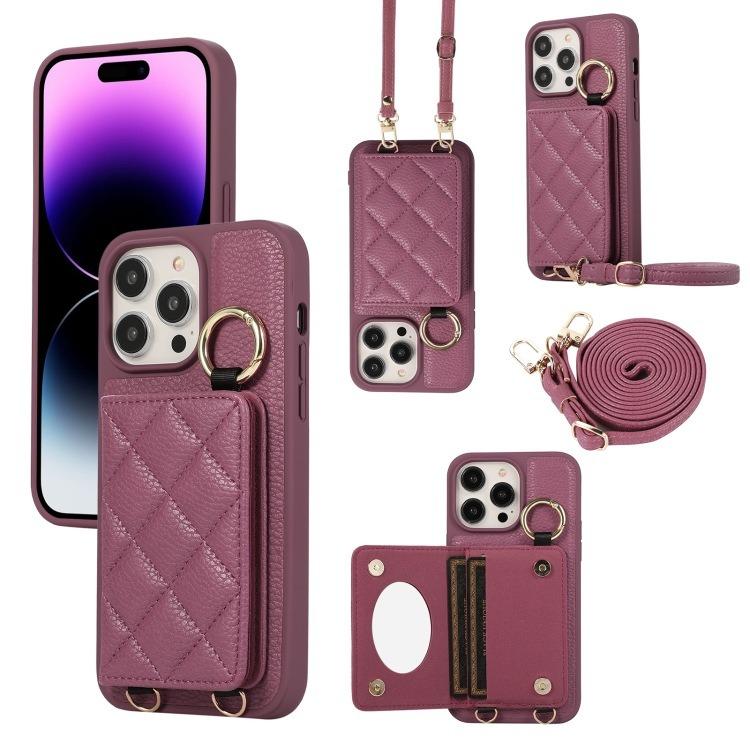 For iPhone 16ProMax 16 15 14 13 12 11 Leather Phone Case with Double Folding Wallet Lanyard, Anti-Fall Card Slot Mirror Ring Kickstand Shockproof Business Hard Full Cover