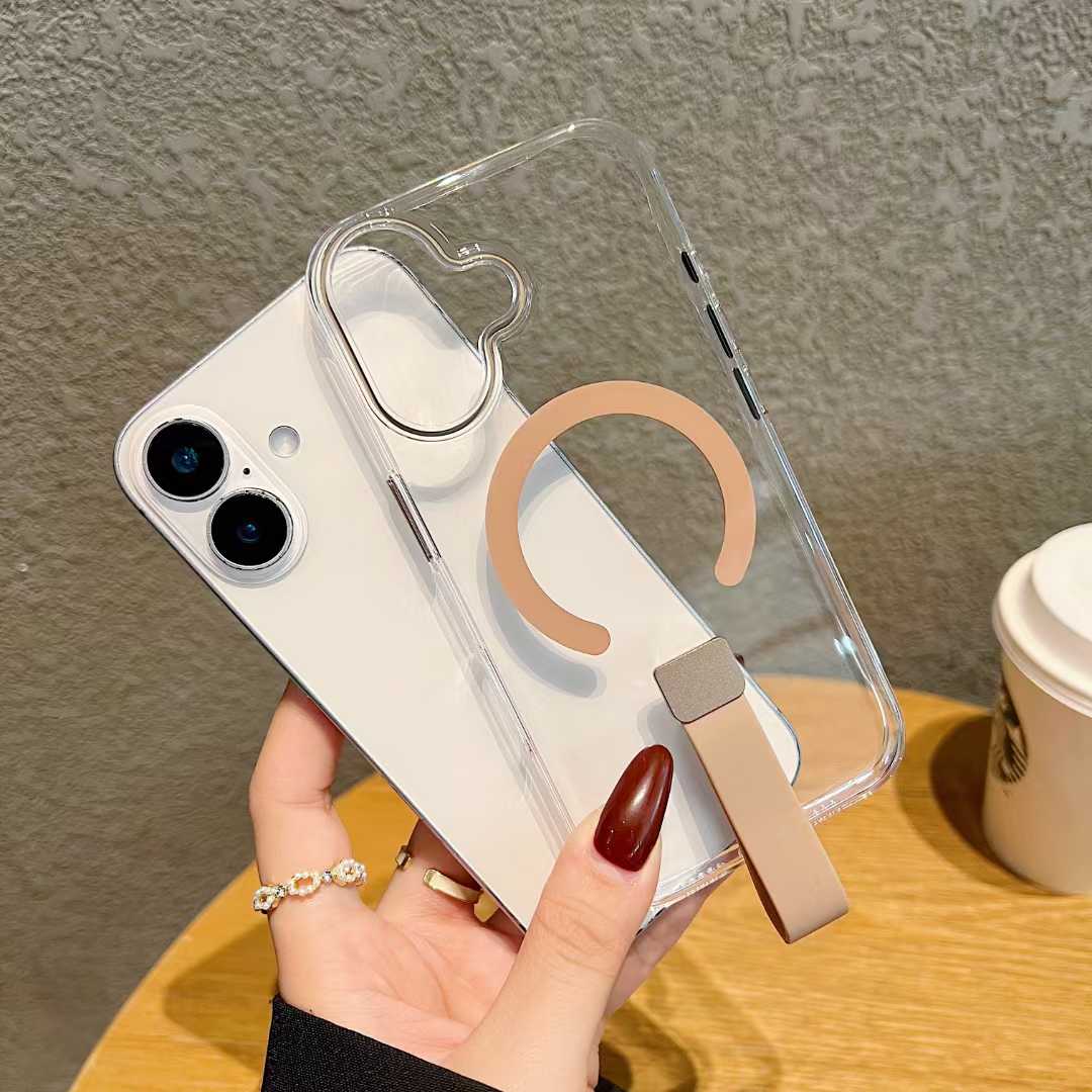 Colorful Crystal High Definition Clear C Pattern Magnetic Phone Case with Silicone Wristband For iPhone 16ProMax 16 15 14 13 Pro Max Plus Transparent HD Len Protection Hard Full Cover