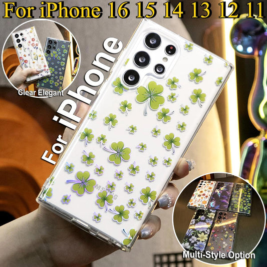 Luxury Clear Elegant Shockproof Acrylic Hard Phone Case For iPhone 16 15 14 13 12 11 With Flowers, Glitter Plating Floral Design Hard Back Cover Phone Case
