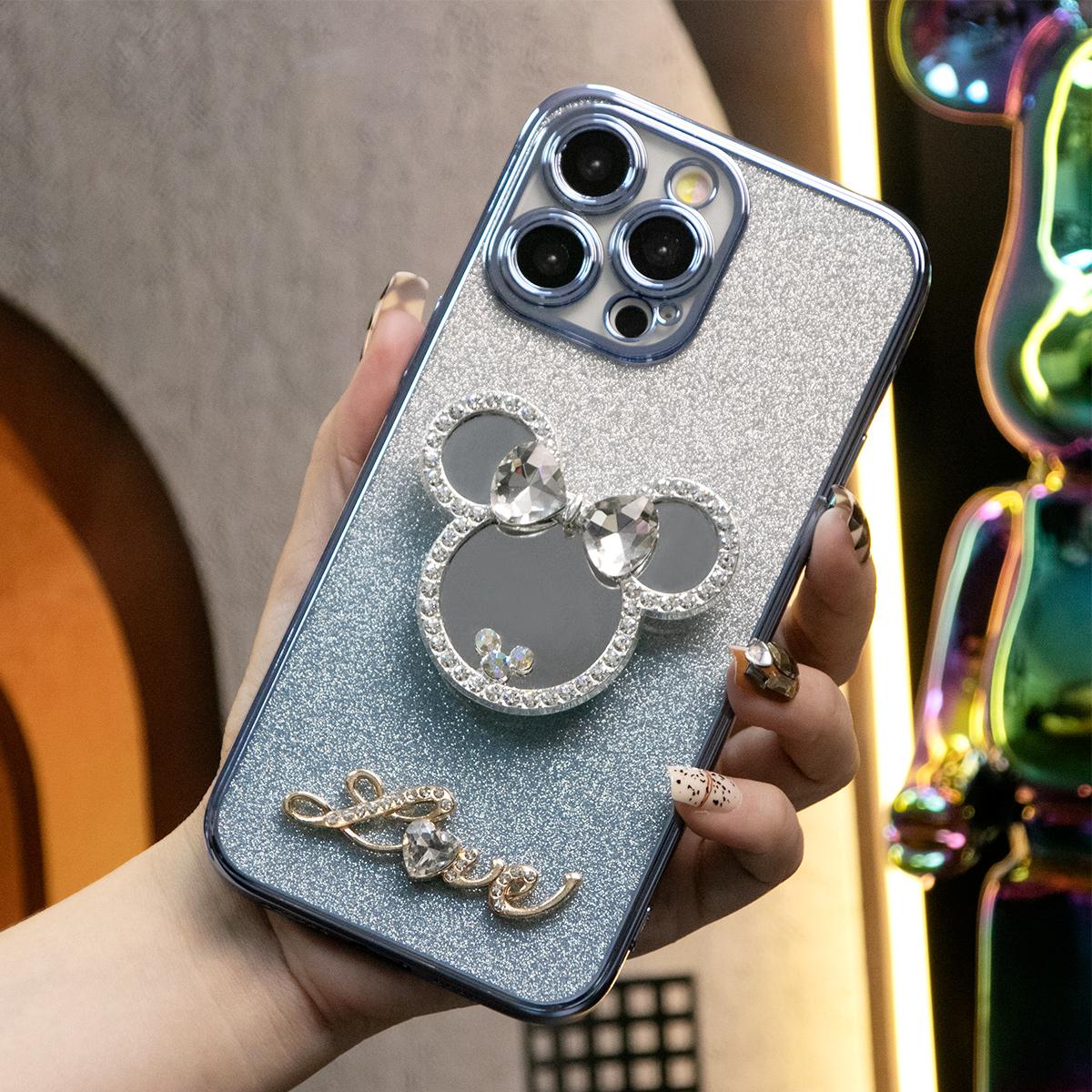 Glitter Transparent Gradient Mouse Head Mirror Kickstand Plating Phone Case For iPhone 16 15 14 13 12 Pro Max Clear Soft TPU Back Cover