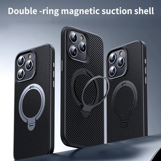 Double Ring Carbon Fiber Pattern Slim PC Strong Magnetic Phone Case with 360 Rotating Metal Kickstand For iPhone 16ProMax 15 14 13 12 Skin Feel Bumper Shockproof Hard Full Cover