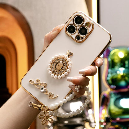 For iPhone 16 15 14 13 12 11 XR XSMax X/XS Phone Case, Pearl Perfume Bottle with Chain, Plating Electroplate Luxury Elegant Case Camera Protector Shockproof Soft Cover