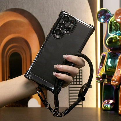 Electroplated Four Corners Anti-fall Transparent Hard PC Phone Case With Multifunctional Wristband For Samsung S25Ultra S25 S24FE S24Ultra S24 S22 S21 Note20, Full Cover with Camera Protector