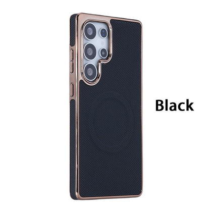 For Samsung S25Ultra S24 S23 S22 Plus FE Phone Case, Plating Antislip Matte Luxury Leather Emboss Strong Magnetic Slim Protection Shockproof Hard Full Cover
