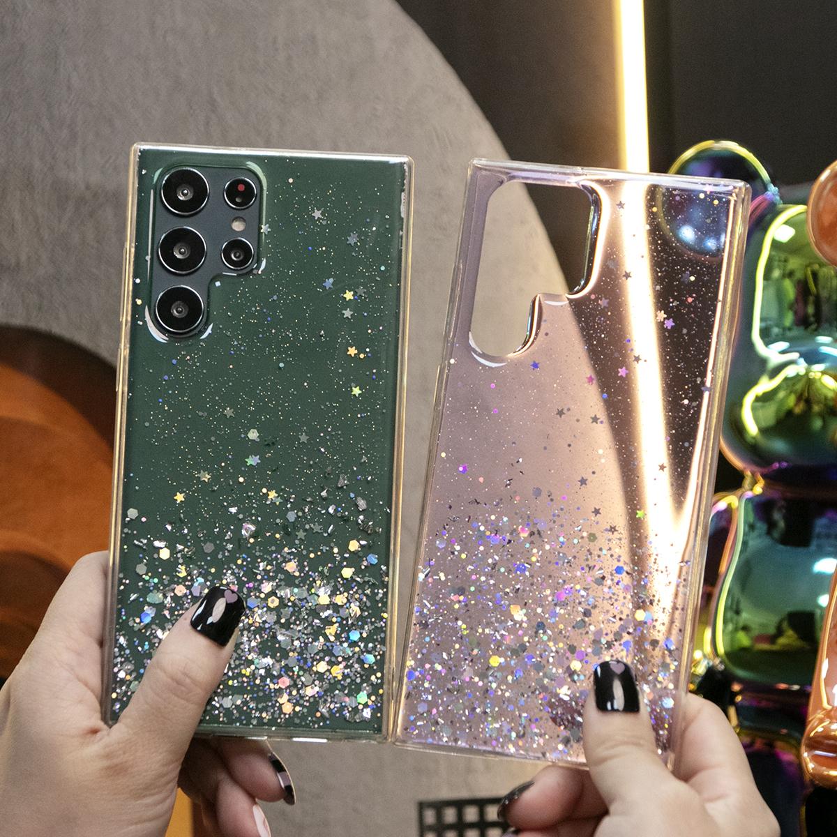 Glitter Star Sequin Basic Phone Case For Samsung S25 S24 S23 S22 S21 Note20 A15 A25 A35 A55 Clear Soft TPU Back Cover