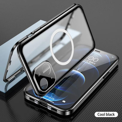 Double Sided HD Glass Matte Back Cover Aluminium Alloy For Magsafe Full Cover 360 Magnetic Ring High Definition Metal Case For iPhone 16ProMax 16 15 14 13 12 Pro Max Glass Full Cover
