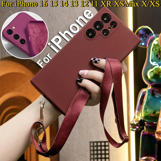 Square Liquid Silicone Matte Shockproof Crossbody Lanyard Phone Case For iPhone 16 15 14 13 12 11 XR XSMax X/XS Camera Protect Soft Cover