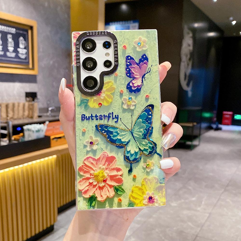 For Samsung S25 S24 S23 S22 A35 A36 A26 A54 A55 A56 Phone Case, Flower Rainbow Butterfly Rose, Oil Painting Camera Frame Anti-drop Hard Shockproof Full Cover