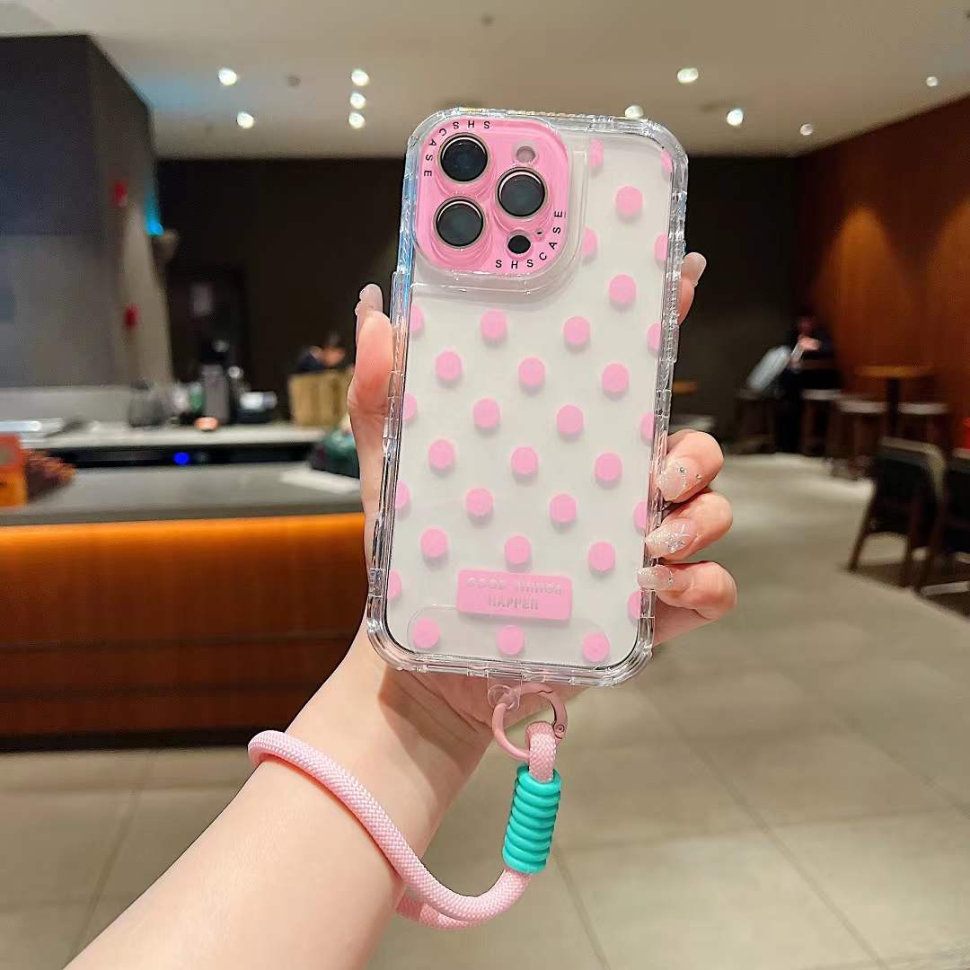 For iPhone 16ProMax 16 15 14 13 Phone Case With Short Wristband, Colorful 3 in 1 Transparent Luxury Wave Point Acrylic Anti Fall, With Camera Protector Shockproof Clear Hard Full Cover