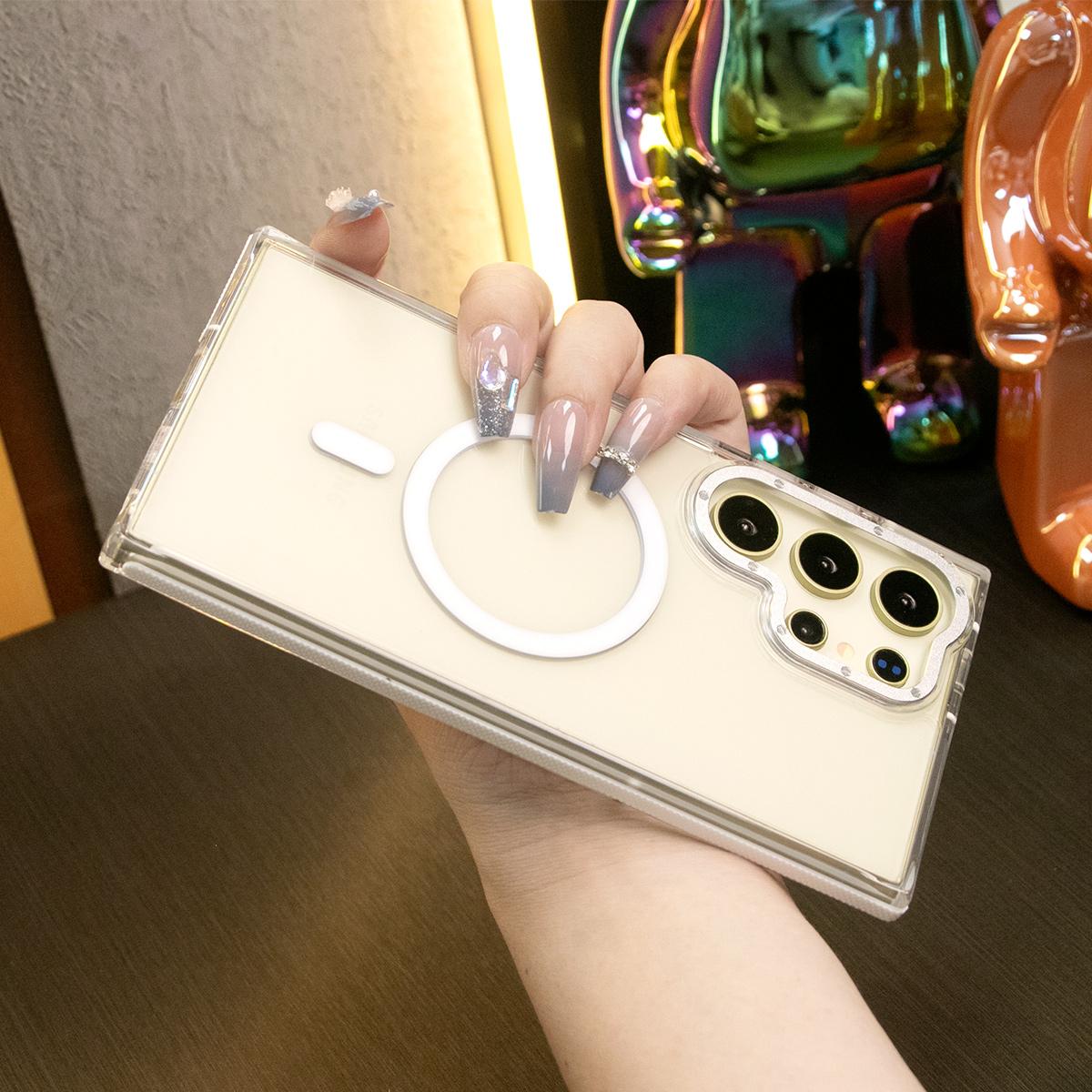 For Samsung S25Ultra S24+ S23FE A14 A15 A16 A24 A25 A34 A35 A54 A55, Clear Dual Color Strong Magnetic Wireless Charging Case Clear Shockproof Metal Camera Frame Bumper TPU Acrylic Hard Cover
