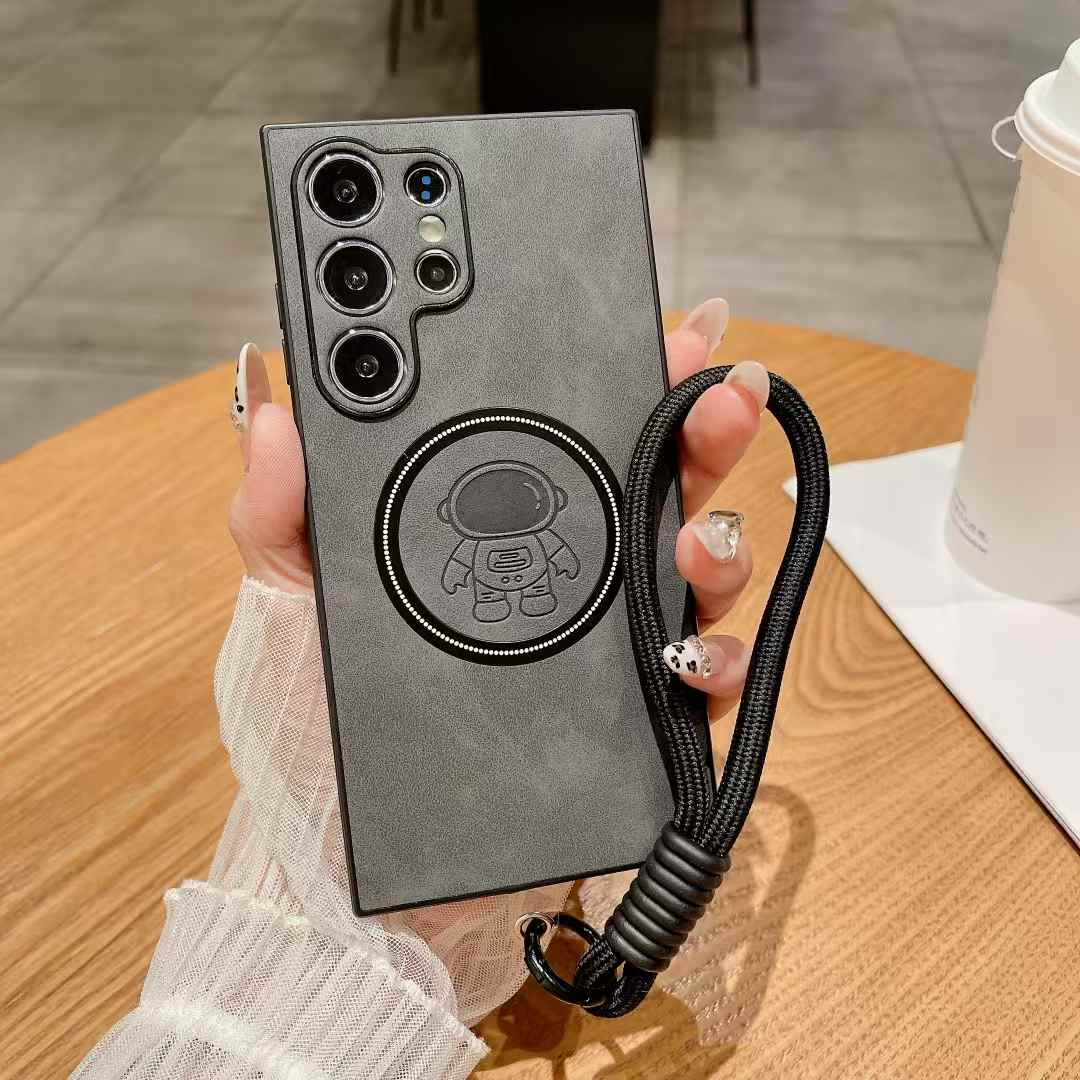 For Samsung S25Ultra S25Edge S24 S23 S22 S21 Note20 Case With Weave Wristband, Astronaut Pattern Matte Suede Leather Magnetic Shockproof Anti-Slip Hard Phone Case