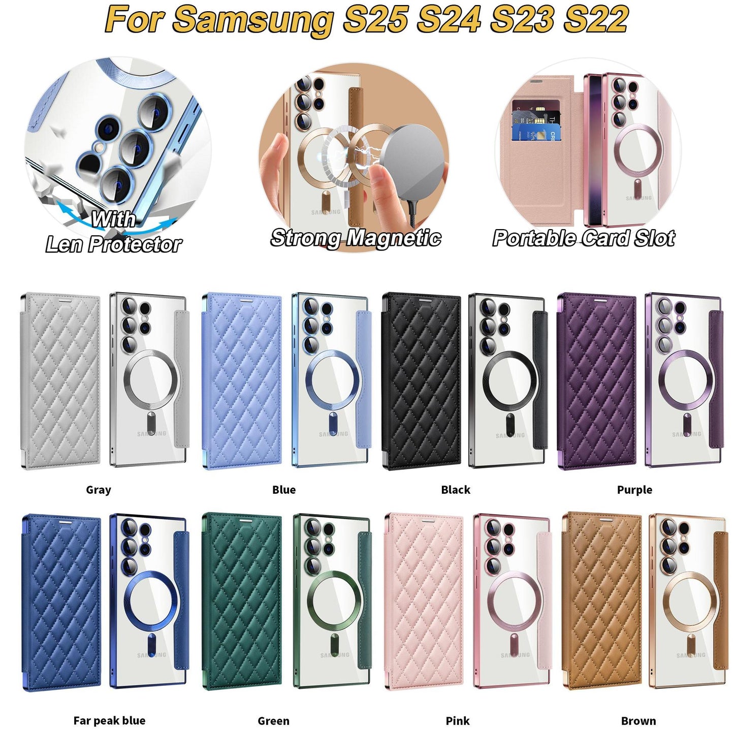 Strong Magnetic Suction Flip Leather Phone Case For Samsung S25Ultra S25 S24 S23 S22 Ultra Plus A15 A16 A35 A55 A05 Case High Leather Card Slot Equipped With Lens Protector Case