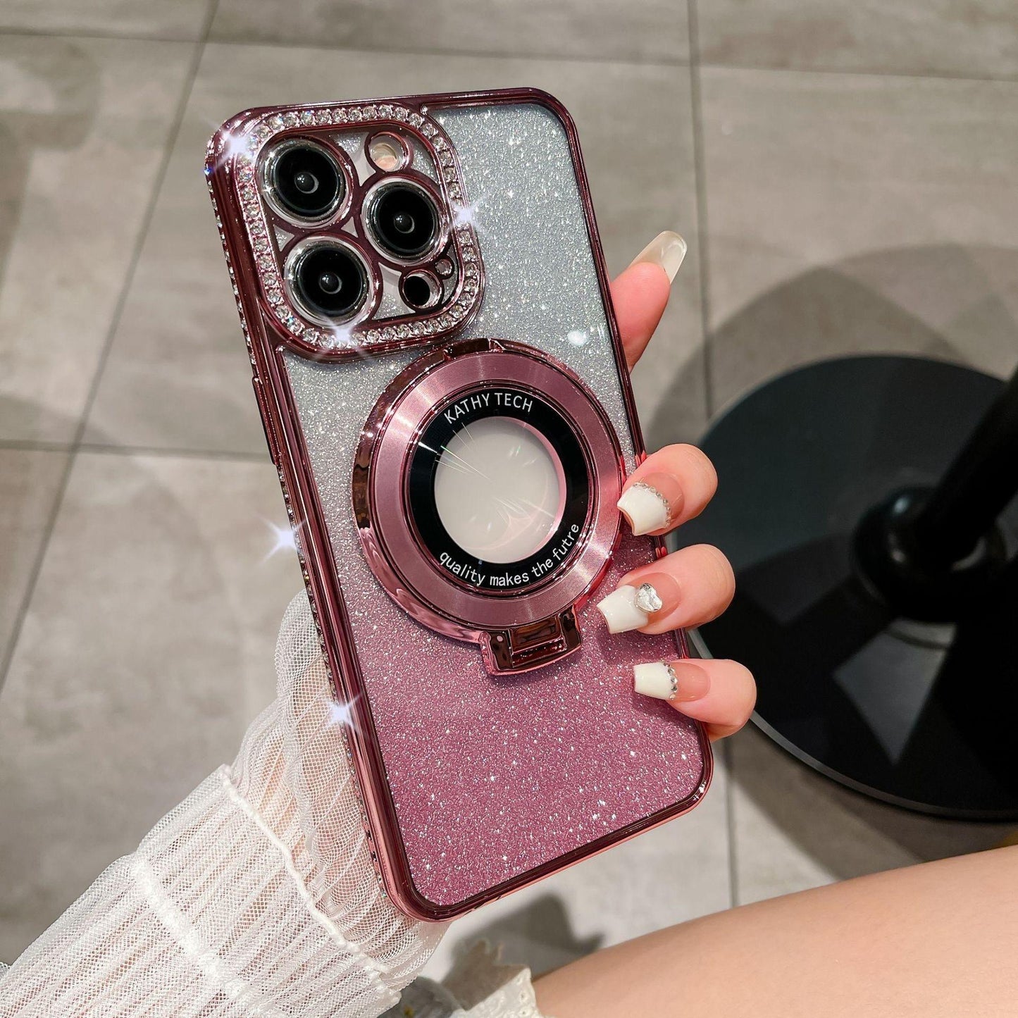Glitter Gradient Plating Rhinestone TPU Phone Case with Kickstand For iPhone 16ProMax 15 14 13 12 11 Shockproof Soft Full Cover