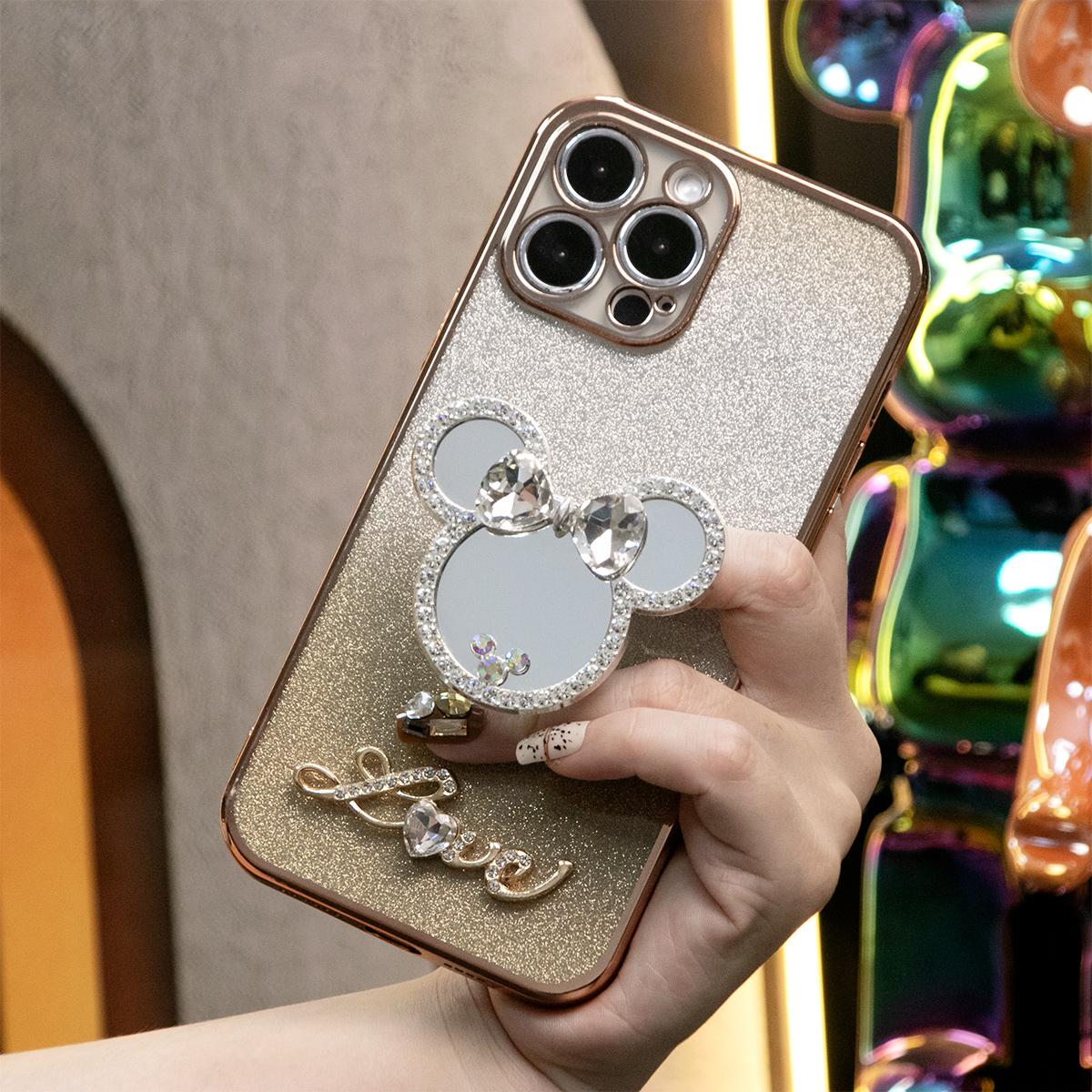 Glitter Pop Stand Transparent Gradient Mouse Head Mirror Kickstand Plating Phone Case For iPhone 16 15 14 13 12 11 XR XSMax X/XS Clear Soft TPU Back Cover