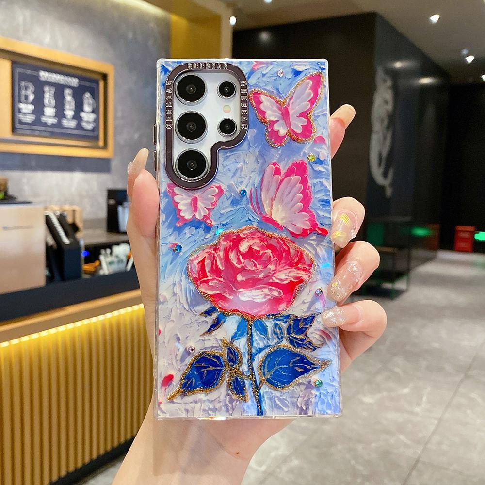For Samsung S25 S24 S23 S22 A35 A36 A26 A54 A55 A56 Phone Case, Flower Rainbow Butterfly Rose, Oil Painting Camera Frame Anti-drop Hard Shockproof Full Cover