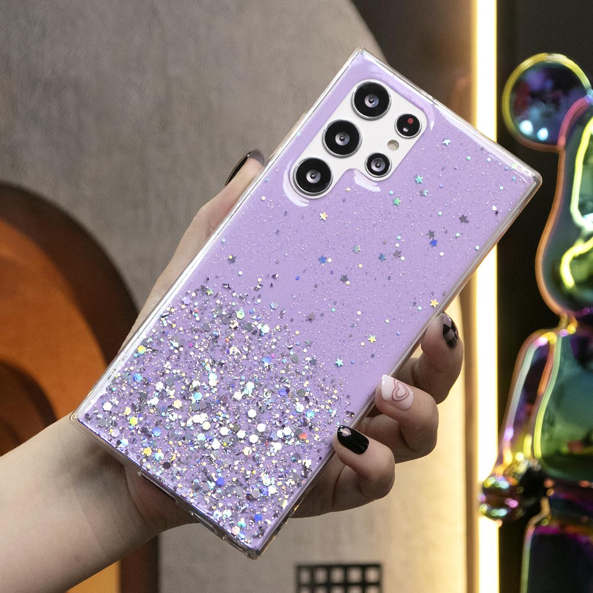 Glitter Star Sequin Basic Phone Case For Samsung S25 S24 S23 S22 S21 Note20 A15 A25 A35 A55 Clear Soft TPU Back Cover