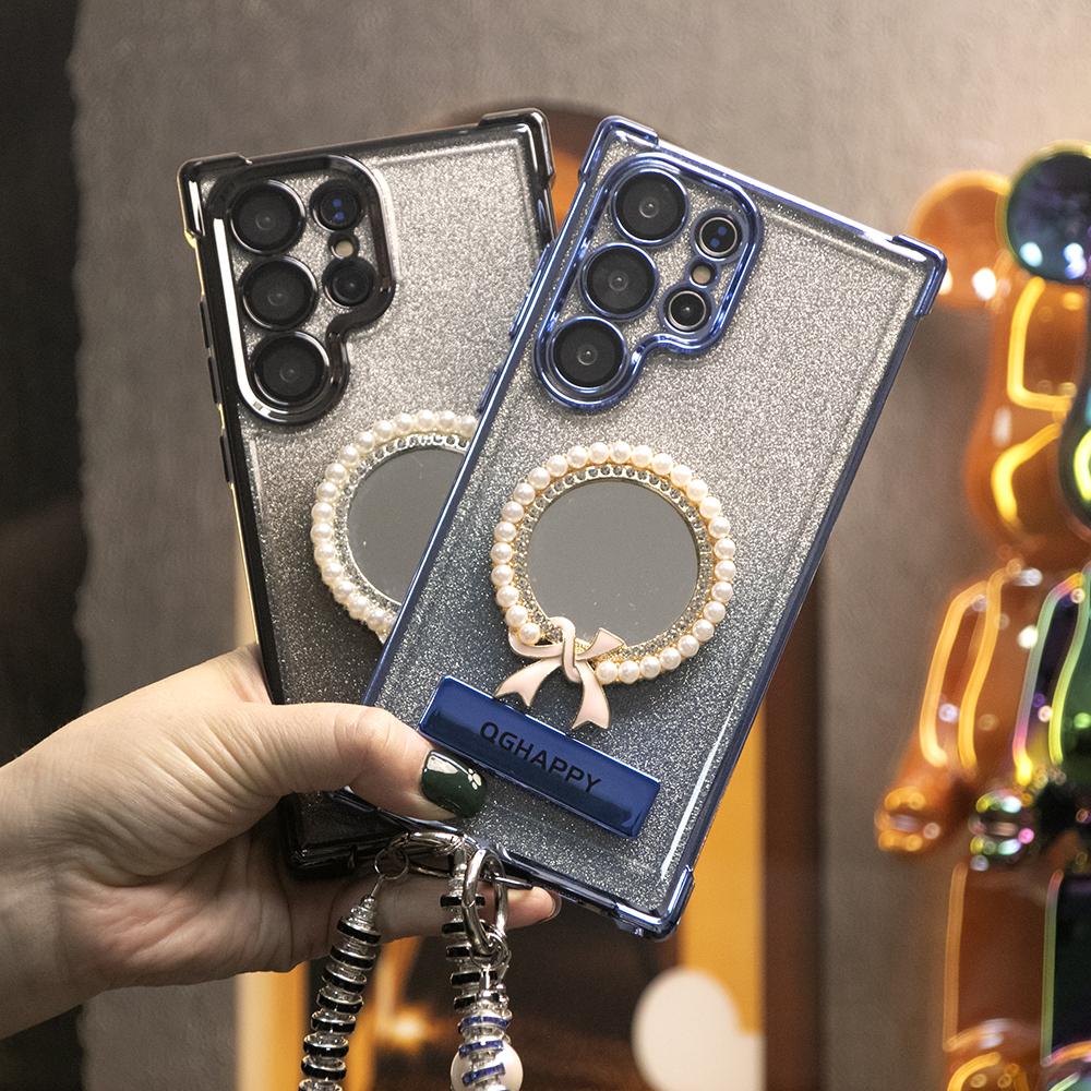 Gradient Plating Four Corners Bowknot Mirror Thin Kickstand Case with Pearl Diamond Wristband for Samsung S25Ultra S25 S24 S23 S22 S21 Note20 A53 A54 A55 Hard Acrylic Bumper Full Cover