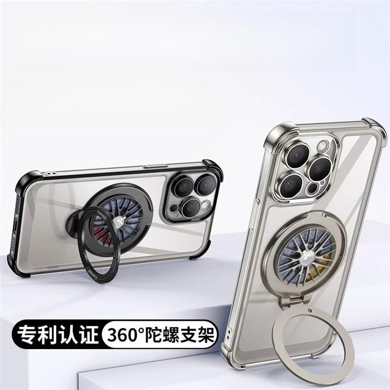 Glitter Plating Acrylic with Len Protector Phone Case with Metal Magnetic Gyro Rotating Kickstand For iPhone 16ProMax 15 14 13 12 Four Corner Shockproof Hard Full Cover