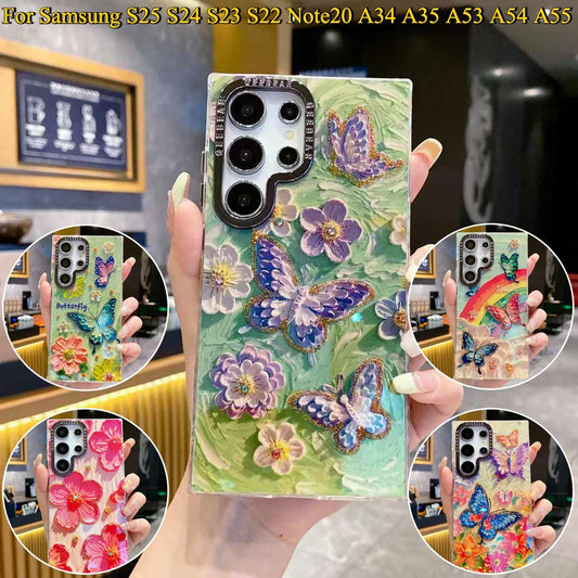 For Samsung S25 S24 S23 S22 A34 A35 A53 A54 A55 Note20Ultra Phone Case, Luxury Elegant Colorful Rainbow Butterfly Flower Oil Painting Metal Camera Frame Anti-drop Hard Shockproof Full Cover