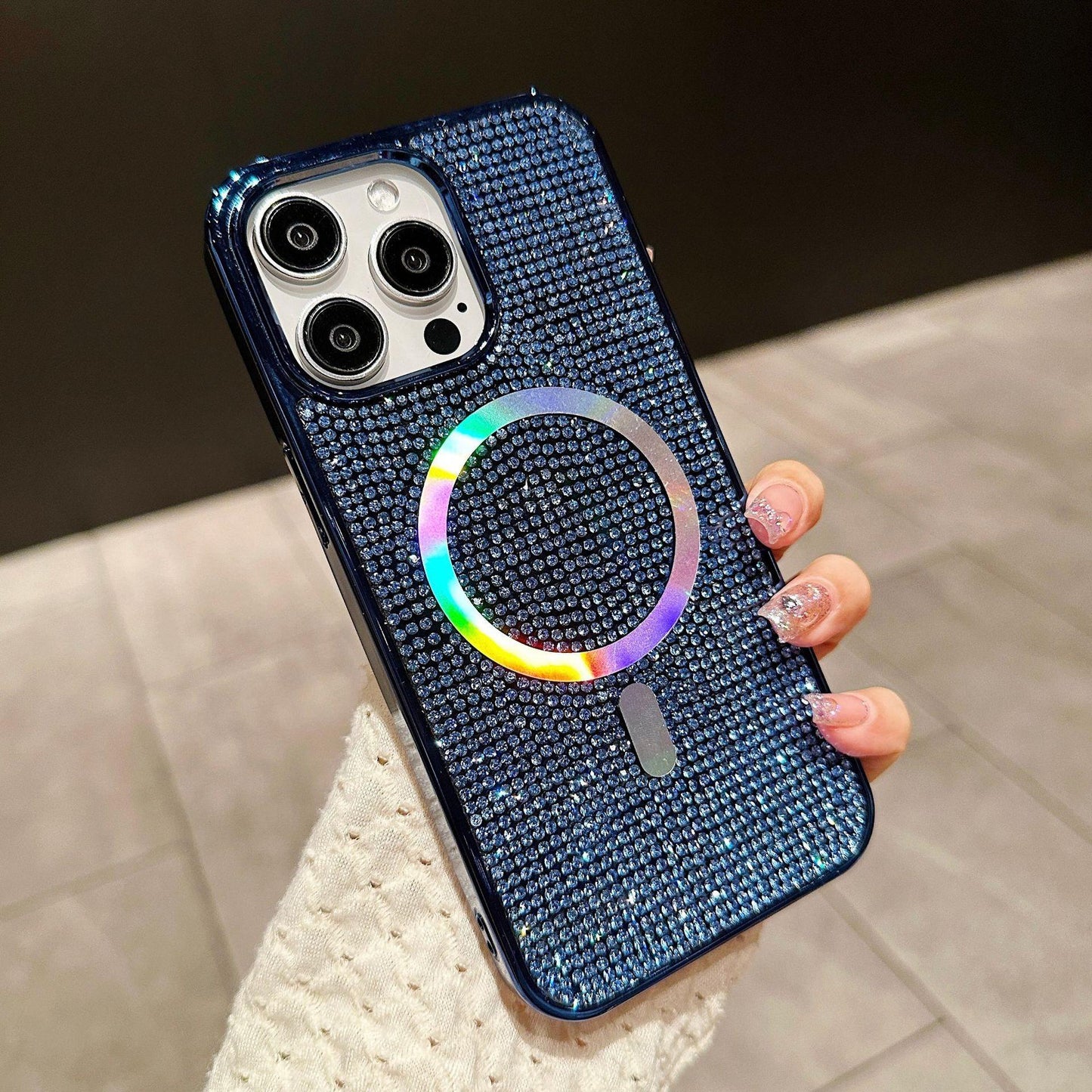 Luxury Rhinestone Glitter Plating Slim PC Strong Magnetic Phone Case For iPhone 16ProMax 15 14 13 Hard Support Wireless Charging Full Cover