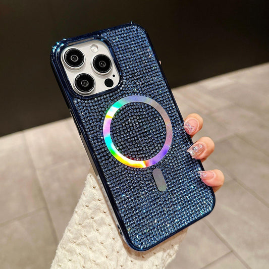 Luxury Rhinestone Glitter Plating Slim PC Strong Magnetic Phone Case For iPhone 16ProMax 15 14 13 Hard Support Wireless Charging Full Cover
