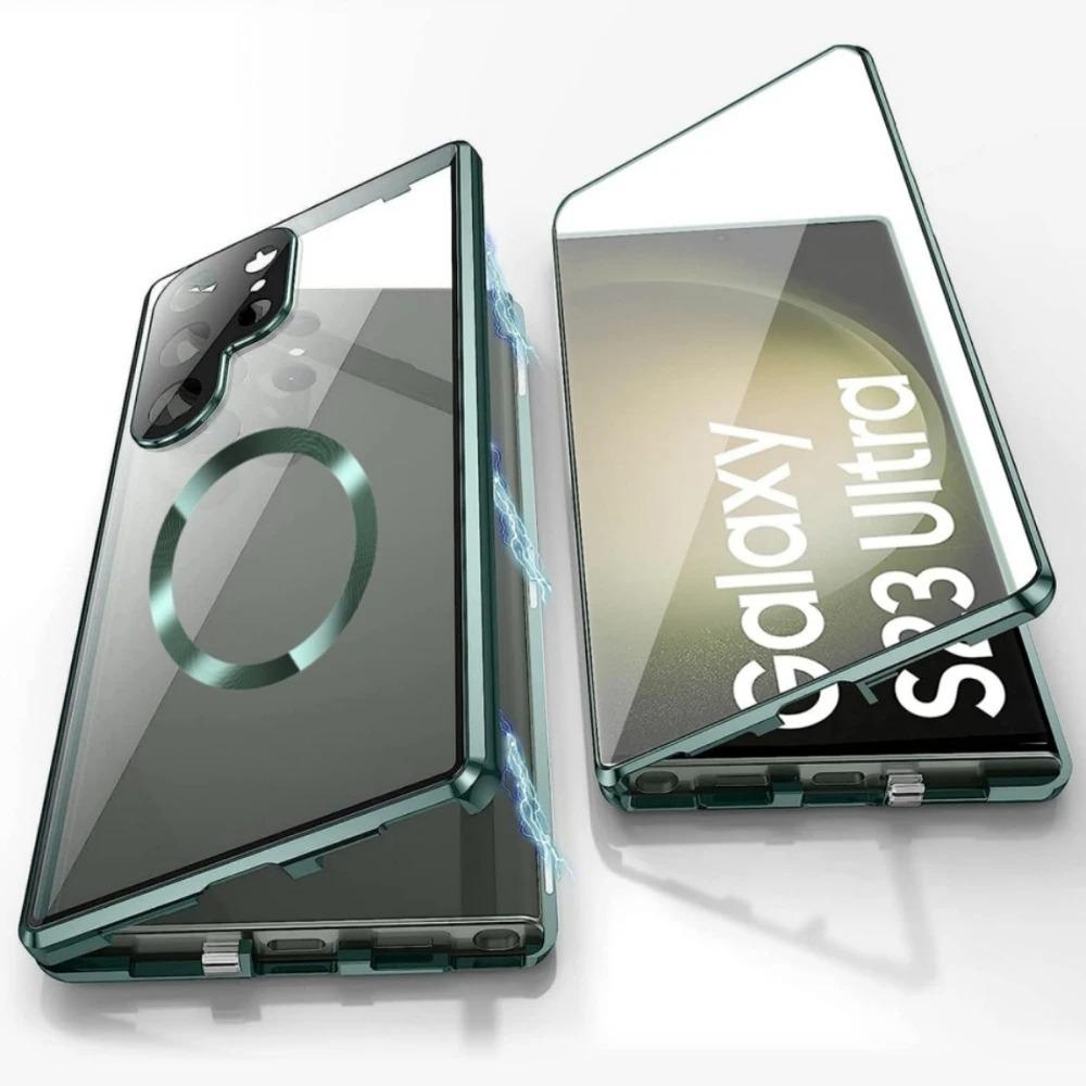HD Clear Magnetic Double Sided Tempered Glass Front Matte Magnetic Ring Back Phone Case For Samsung S25Ultra S25 S24 S23 S22 S21 Aluminum Alloy Frame Full Cover [Not Support Fingerprint]