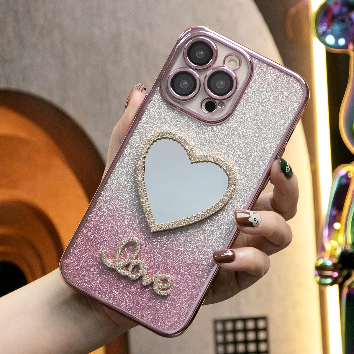 Glitter Transparent Gradient Love Heart Mirror Phone Case For iPhone 16 15 14 13 12 11 XR XSMax X/XS Clear Soft TPU Back Cover