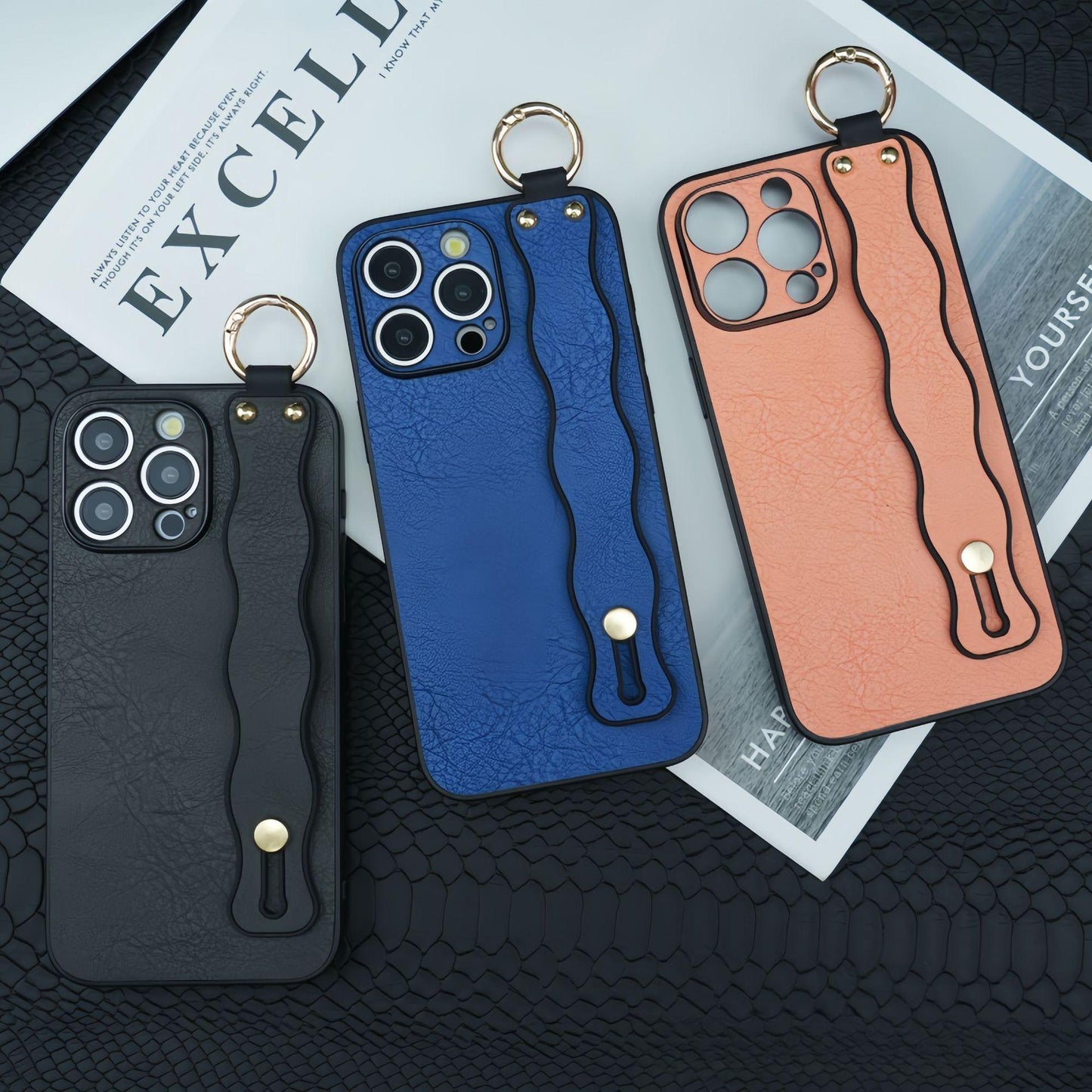 For iPhone 16ProMax 16 15 14 13 12 Case With Wave Wristband, Luxury Durable Faux Leather Kickstand Shockproof Phone Case