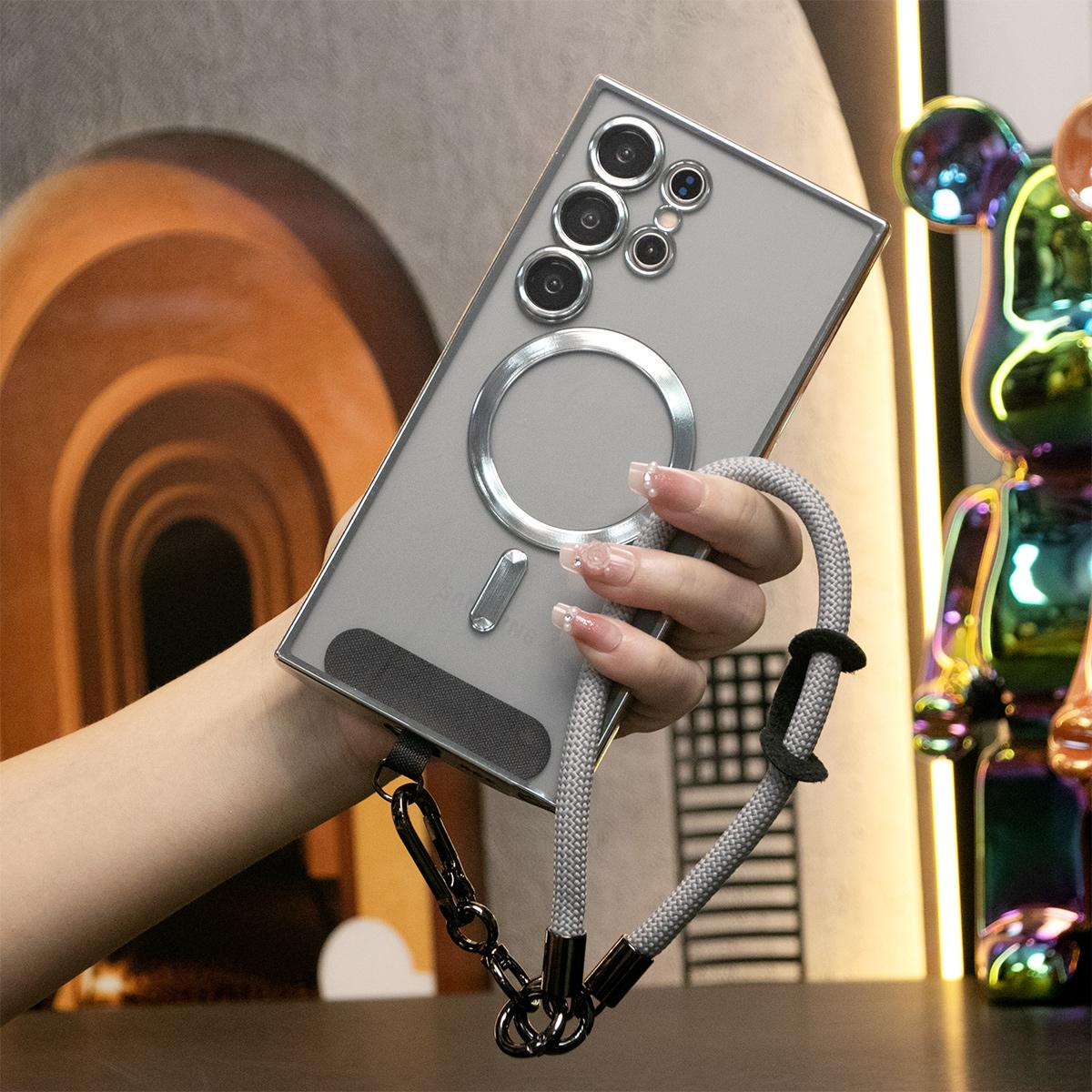 Plating Magnetic Wireless Charge Transparent Soft Phone Case With Multifunctional Climbing Rope For Samsung A14 A15 A16 A24 A25 A26 A34 A35 A36 A54 A55 A56 A05 A05S A06