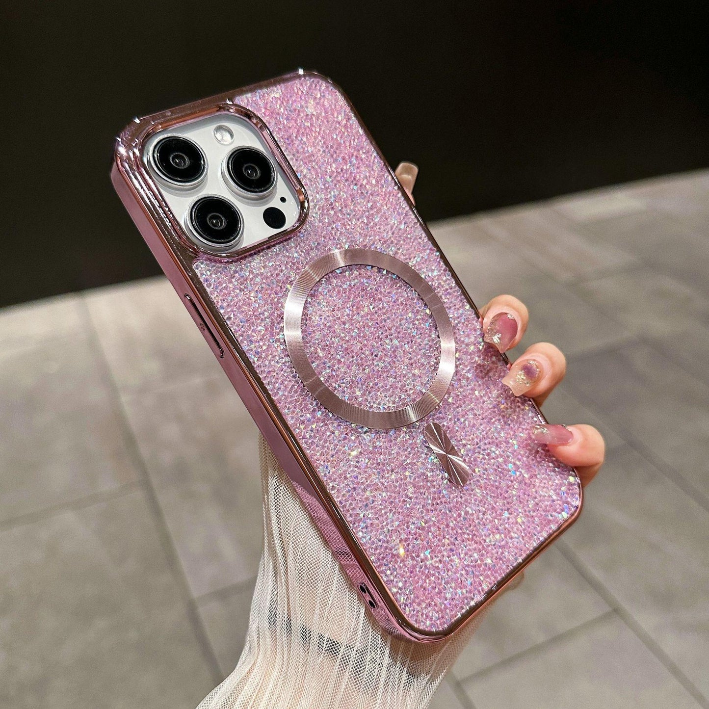 Luxury Rhinestone Glitter Plating Slim PC Strong Magnetic Phone Case For iPhone 16ProMax 15 14 13 Hard Support Wireless Charging Full Cover
