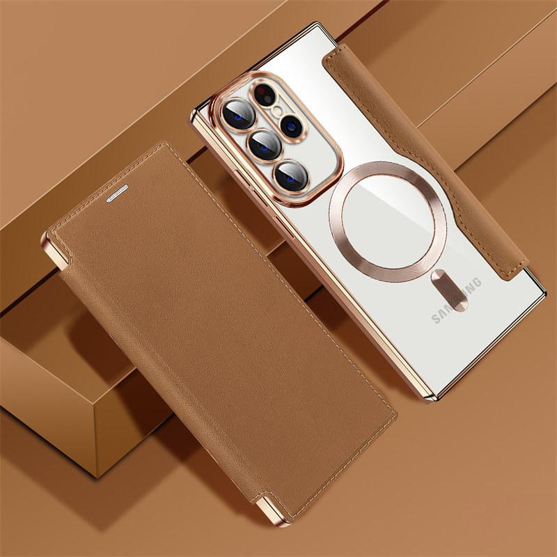 Luxury Flip Leather Magnetic Wireless Charging Phone Case For Samsung S25 S24 S23 S22 Stand Card Slots Bag Cover
