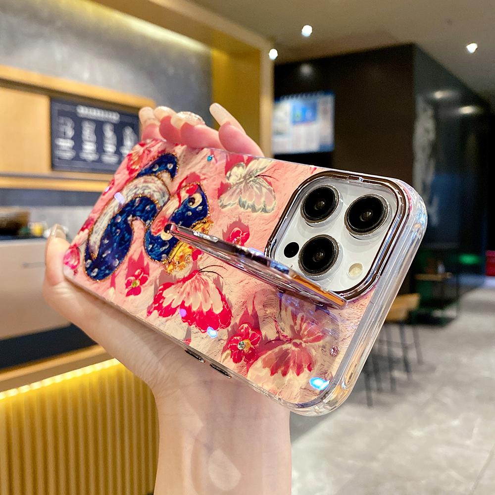 For iPhone 16ProMax 16 15 14 13 12 11 Phone Case with Diamond Camera Kickstand, Dolphin Whale Panda Elephant Snake Animal, Oil Painting Camera Frame Anti-drop Hard Shockproof Full Cover