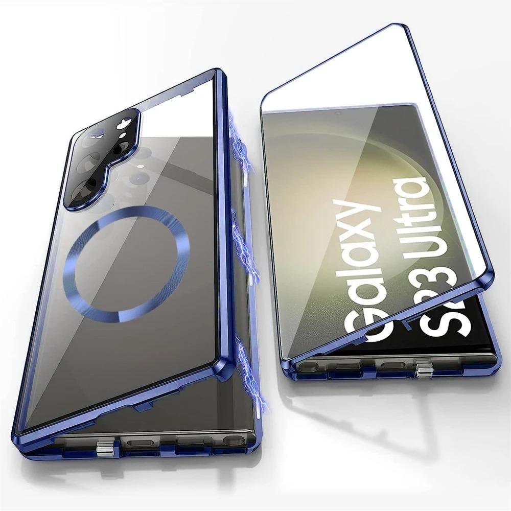 HD Clear Magnetic Double Sided Tempered Glass Front Matte Magnetic Ring Back Phone Case For Samsung S25Ultra S25 S24 S23 S22 S21 Aluminum Alloy Frame Full Cover [Not Support Fingerprint]