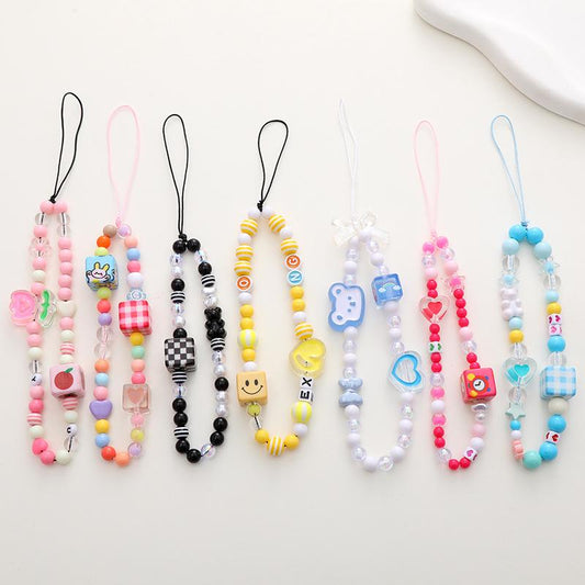 Cute Beaded Chain For Mobile Phone Lanyard Pink Bear Heart Flower Acrylic Imitation Pearl Bead Phone Chain Jewelry Accessories