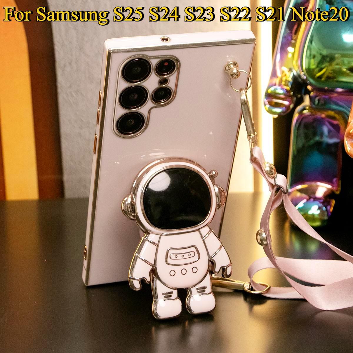 Astronaut Holder Crossbody Lanyard Phone Case For Samsung S25 S24 S23 S22 S21 Note20 Soft TPU Back Cover