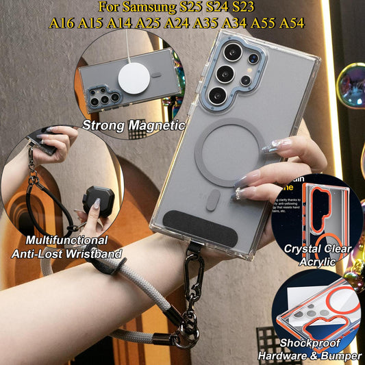 Clear Dual Color Strong Magnetic Wireless Charging Case For Samsung S25Ultra S24+ S23FE A14 A15 A16 A24 A25 A34 A35 A54 A55 Shockproof Metal Camera Frame Bumper TPU Acrylic Hard Cover with Wristband