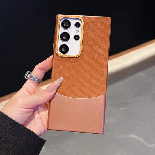 Matte Leather Two-tone Metal Lens Frame Phone Case For Samsung S25Ultra S24Ultra S23Ultra Shockproof Hard Full Cover