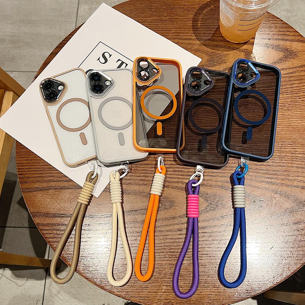Colorful Crystal High Definition Clear Magnetic Phone Case with Woven Wristband For iPhone 16ProMax 16 15 14 13 12 11 Pro Max Plus Transparent HD Len Protection Hard Full Cover