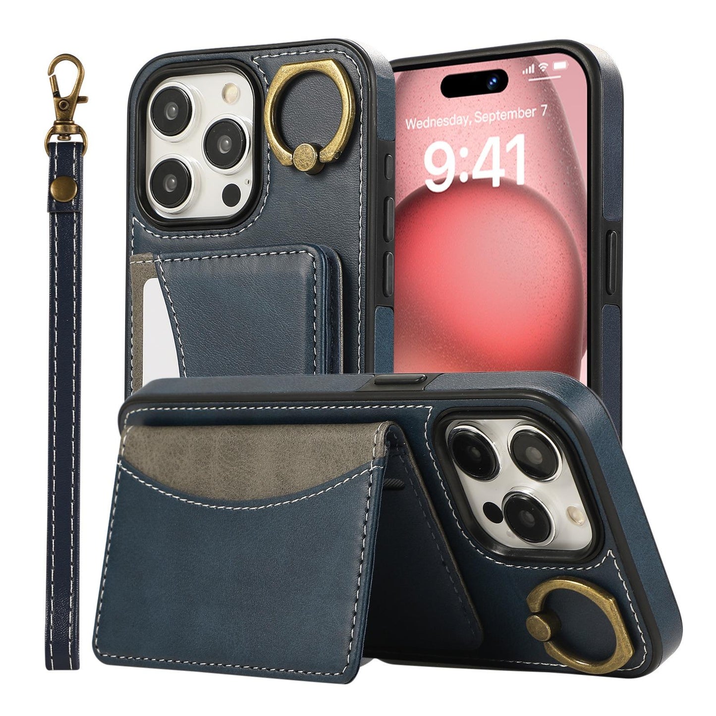 For iPhone 16ProMax 16 15 14 13 12 Leather Phone Case with Double Folding Wallet Wristband, Anti-Fall Card Slot Kickstand Shockproof Business Hard Full Cover