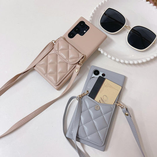 Crossbody Wallet Case For Samsung Galaxy S25 S25Plus S25Ultra S24 S24FE S24Plus S24Ultra Rhombic UP Down Leather Shoulder Chain Side Buckle Cover
