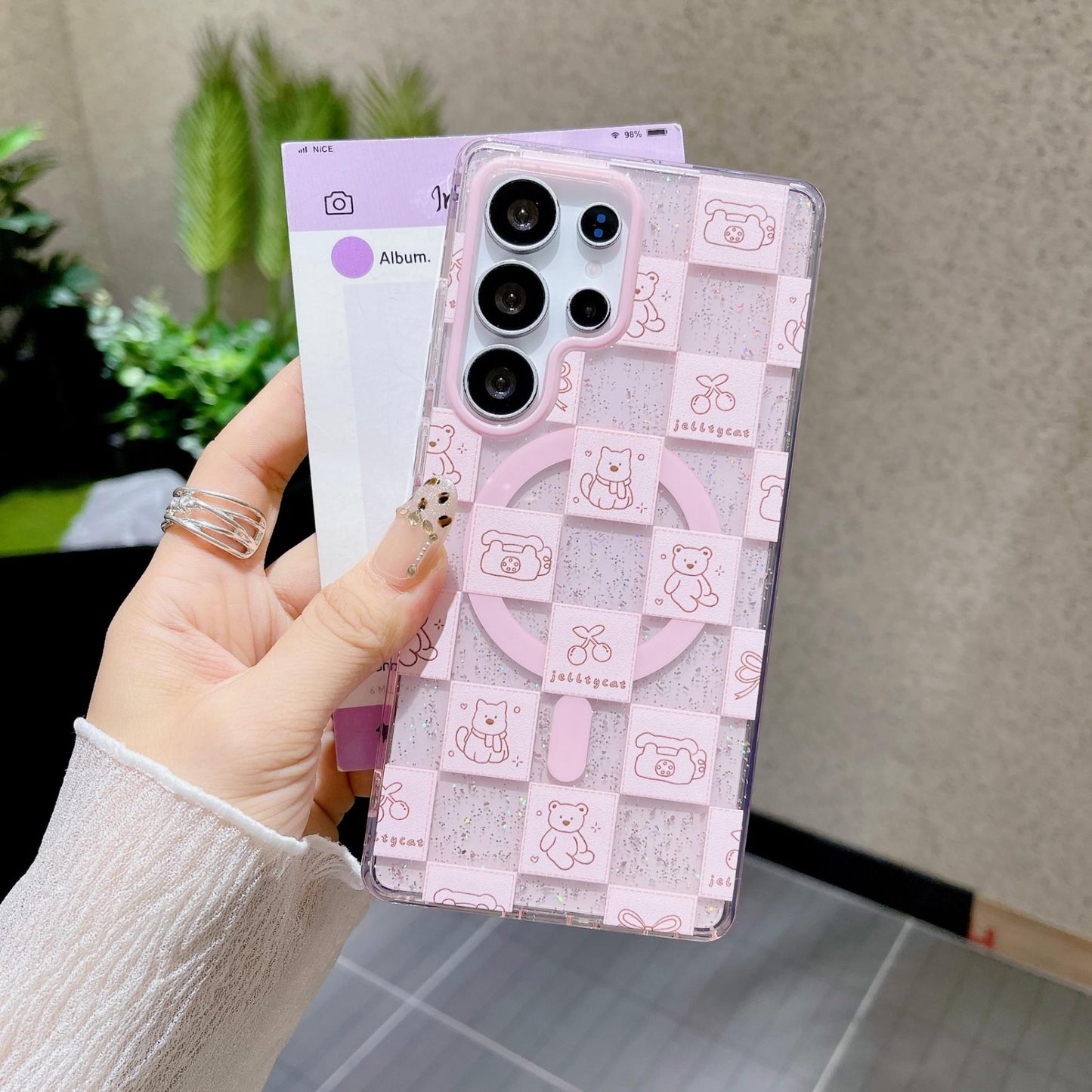 Cute Cartoon Moon Cat Magnetic Phone Case for Samsung S25 S24 S23 Ultra FE Plus Glitter Back Cover for Women Girls with Magnetic Stand