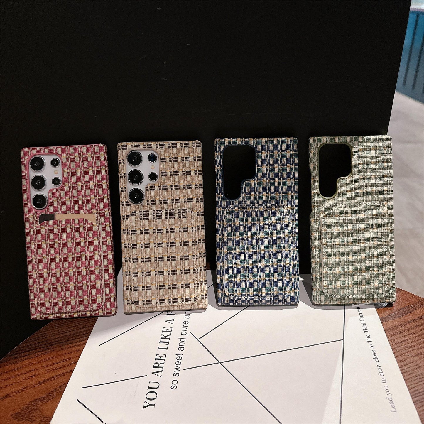 For Samsung S25Ultra S24 S23 S22 Phone Case, Gradient Grid Mosaic Wallet Woven Pattern Fabrics Card Slot Shockproof Hard Full Cover