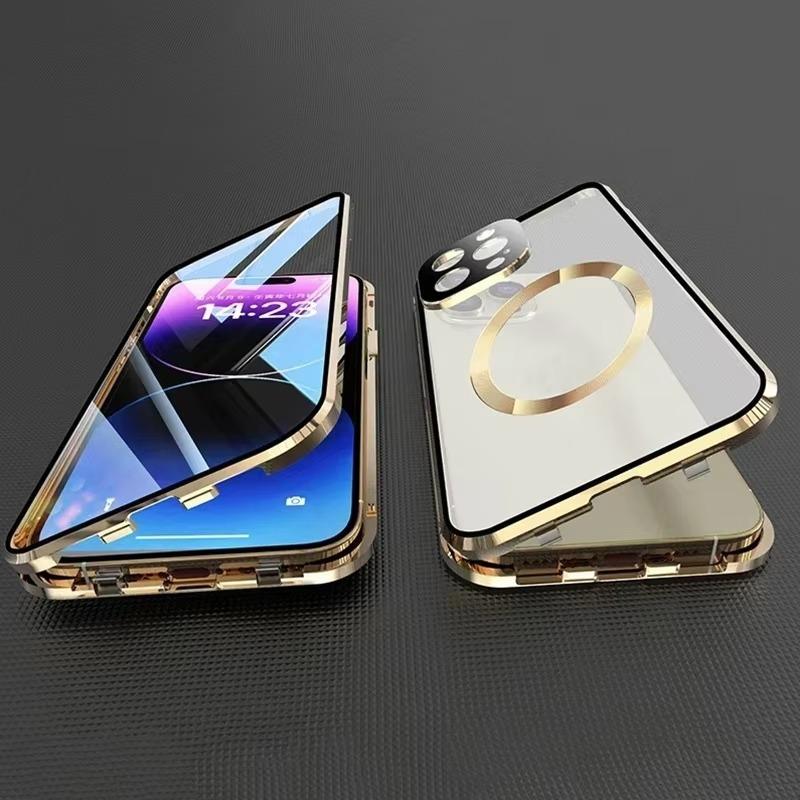 360 Full Protection Metal Magnetic Double Sided Phone Case For iPhone 16 15 14 13 12 Pro Max Plus For Magsafe Case Glass Magnetic Ring For Wireless Charging Snap Lock Full Cover