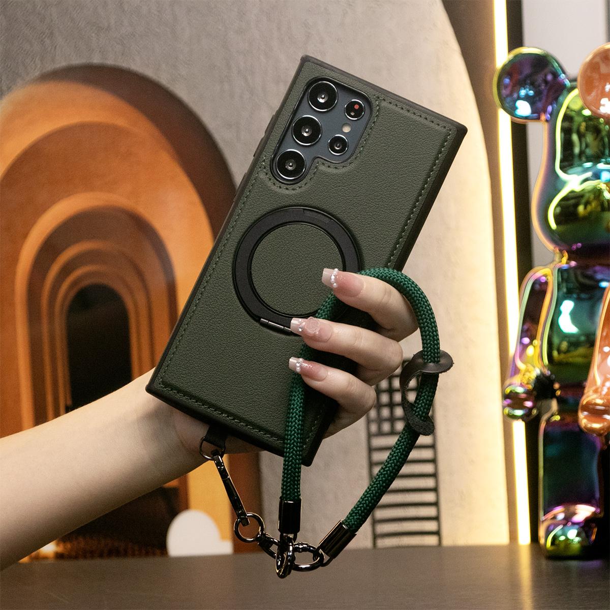 Luxury Full Leather Phone Case WIth Multifunctional Climbing Rope For Magsafe For iPhone 16 15 14 13 12 11 Magnetic Rotate Metal Holder Kickstand Hard Back Cover