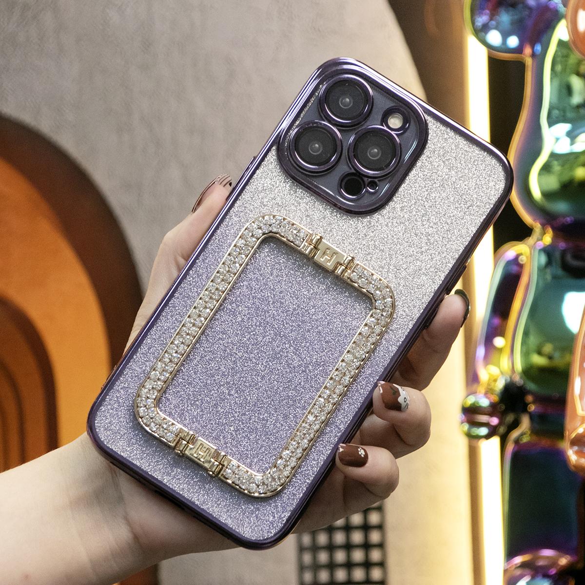 For iPhone 16 15 14 13 Pro Max Phone Case, Clear Gradient Glitter Square Kickstand TPU Luxury Plating Slim Soft Full Cover