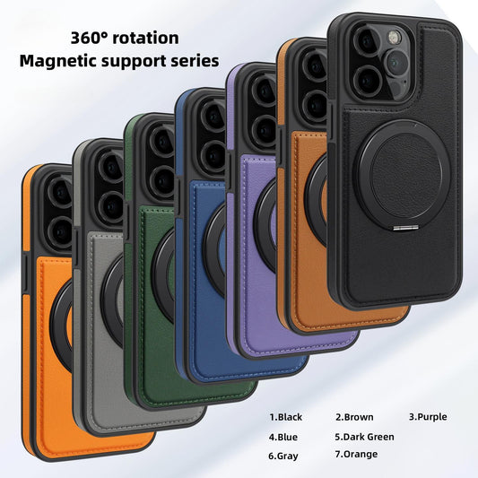 Luxury Full Leather Phone Case For iPhone 16ProMax 16 15 14 13 12 11 Magnetic Rotate Metal Holder Stand Back Cover
