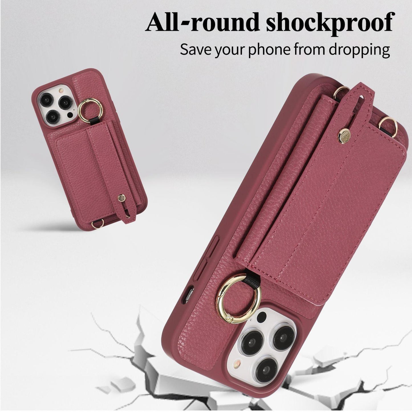 For iPhone 16ProMax 16 15 14 13 12 11 Leather Phone Case with Double Folding Wallet Lanyard, Anti-Fall Card Slot Wristband Ring Kickstand Shockproof Business Hard Full Cover