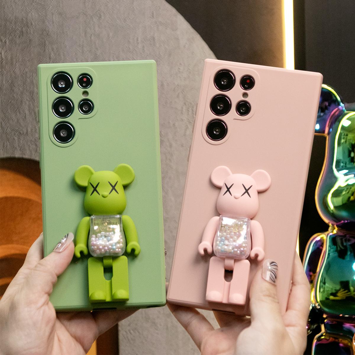 Liquid Silicone Matte Shockproof Frosted Candy Bear Stand Phone Case For Samsung S25 S24 S23 S22 S21 Note20 A16 A15 A25 A36 A35 A55 Camera Protect Soft Cover