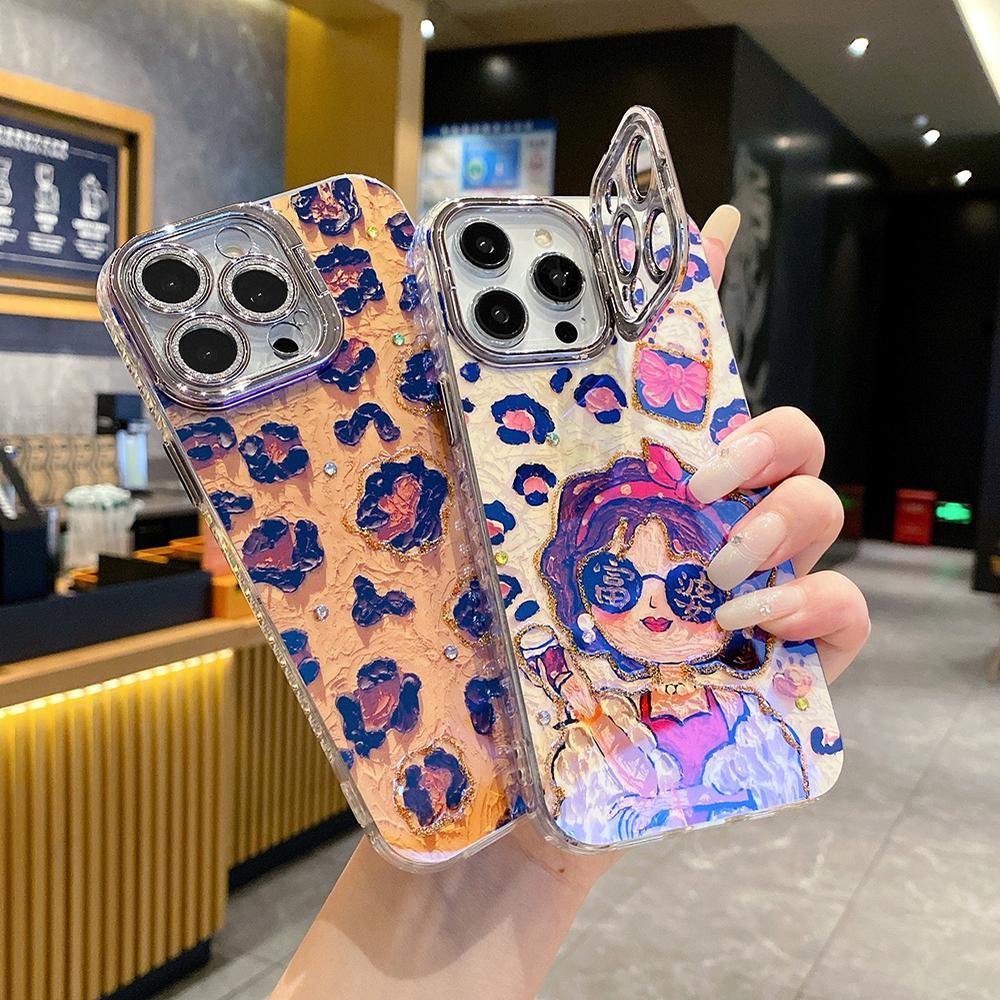 For iPhone 16ProMax 16 15 14 13 12 11 Phone Case with Diamond Camera Kickstand, Rich Girl Women Leopard Print Rainbow Castle, Oil Painting Camera Frame Anti-drop Hard Shockproof Full Cover