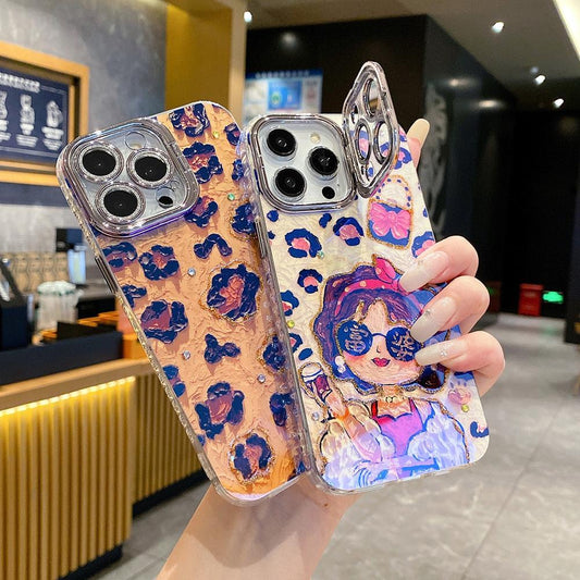For iPhone 16ProMax 16 15 14 13 12 11 Phone Case with Diamond Camera Kickstand, Rich Girl Women Leopard Print Rainbow Castle, Oil Painting Camera Frame Anti-drop Hard Shockproof Full Cover